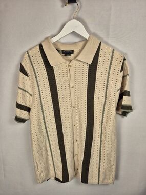 Striped Knit Polo Shirt in Beige and Olive - Classic Summer Knit Size L